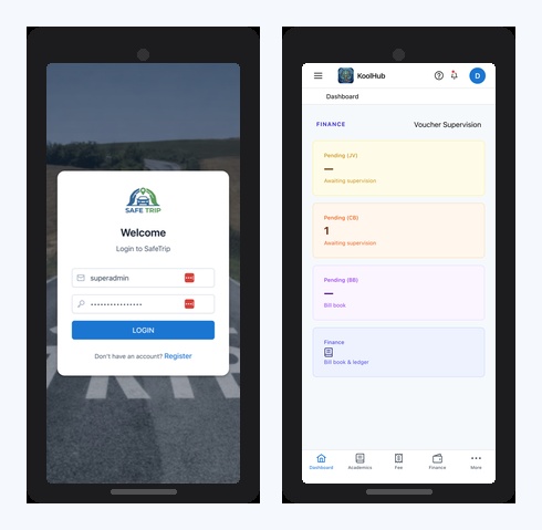 Mobile-first experiences — SafeTrip login and Khatah finance dashboard on phone.