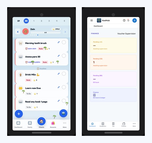Custom mobile experiences — Shabash chores and Khatah finance on phone.