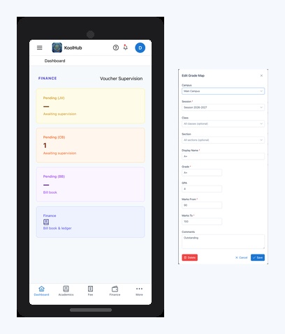 Mobile dashboard and grade map editor — KoolHub on every screen.