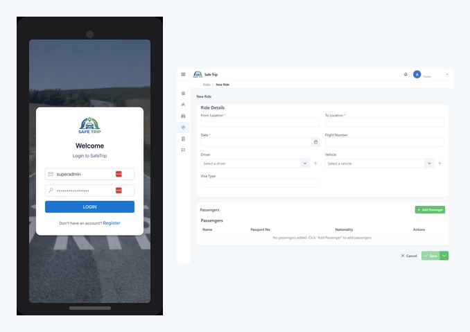 Mobile login and desktop ride form — SafeTrip works on every device.