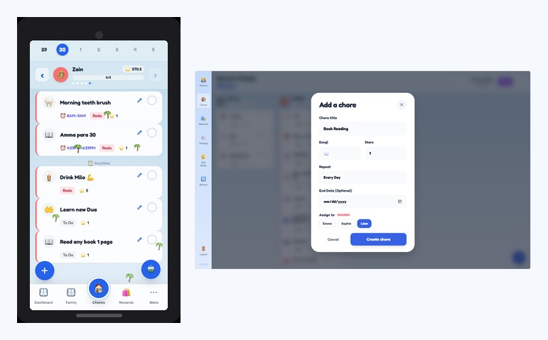 Mobile chores list and add-chore form — Shabash works on phone and desktop.