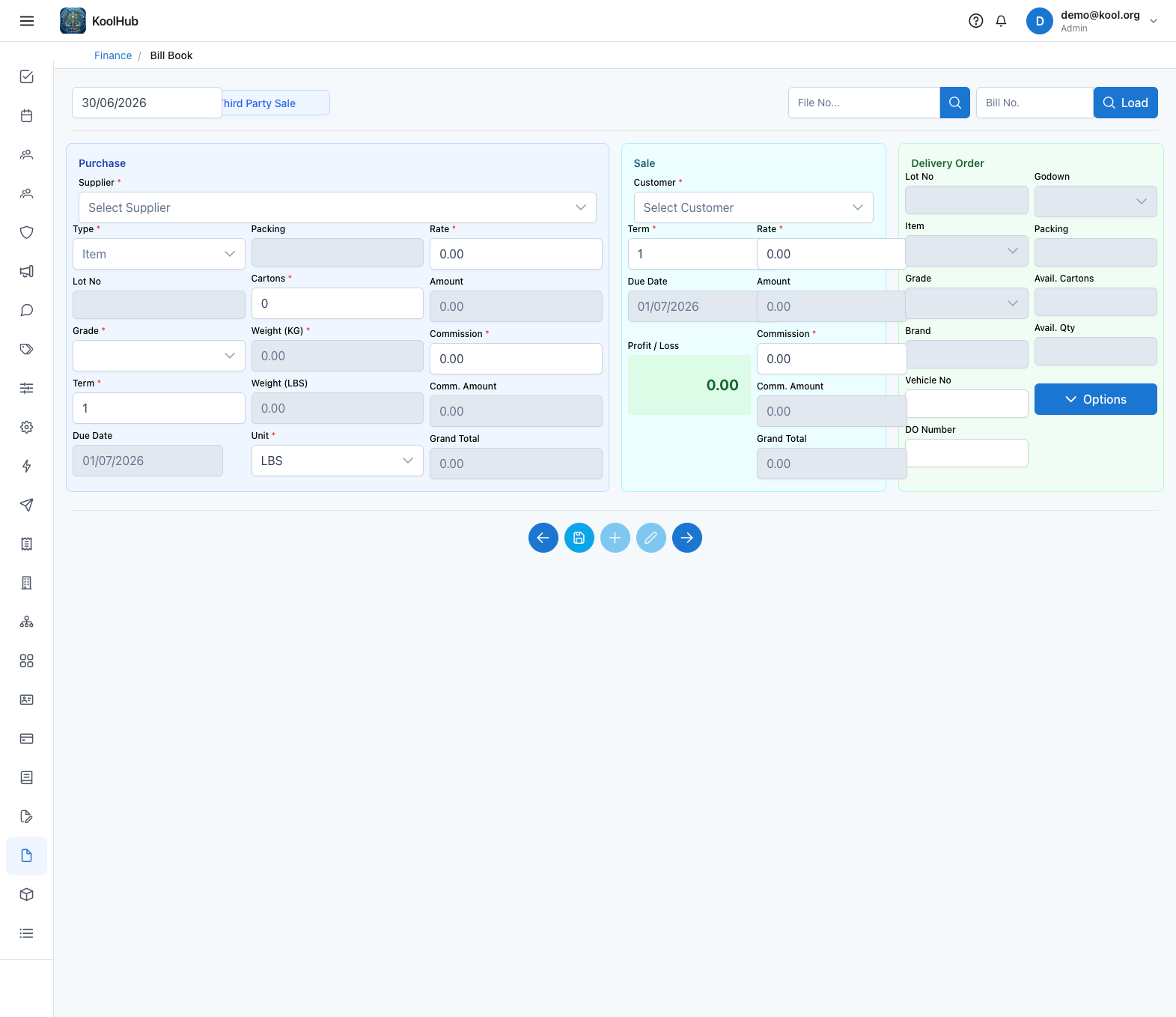 Bill Book — purchase, sale, and delivery order captured simultaneously in one screen.
