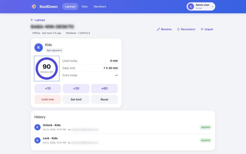 KoolDown screen time controls screenshot