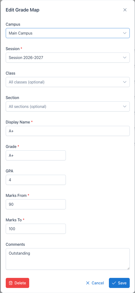 Grade Map editor — configure GPA scales and grade boundaries per class and session.