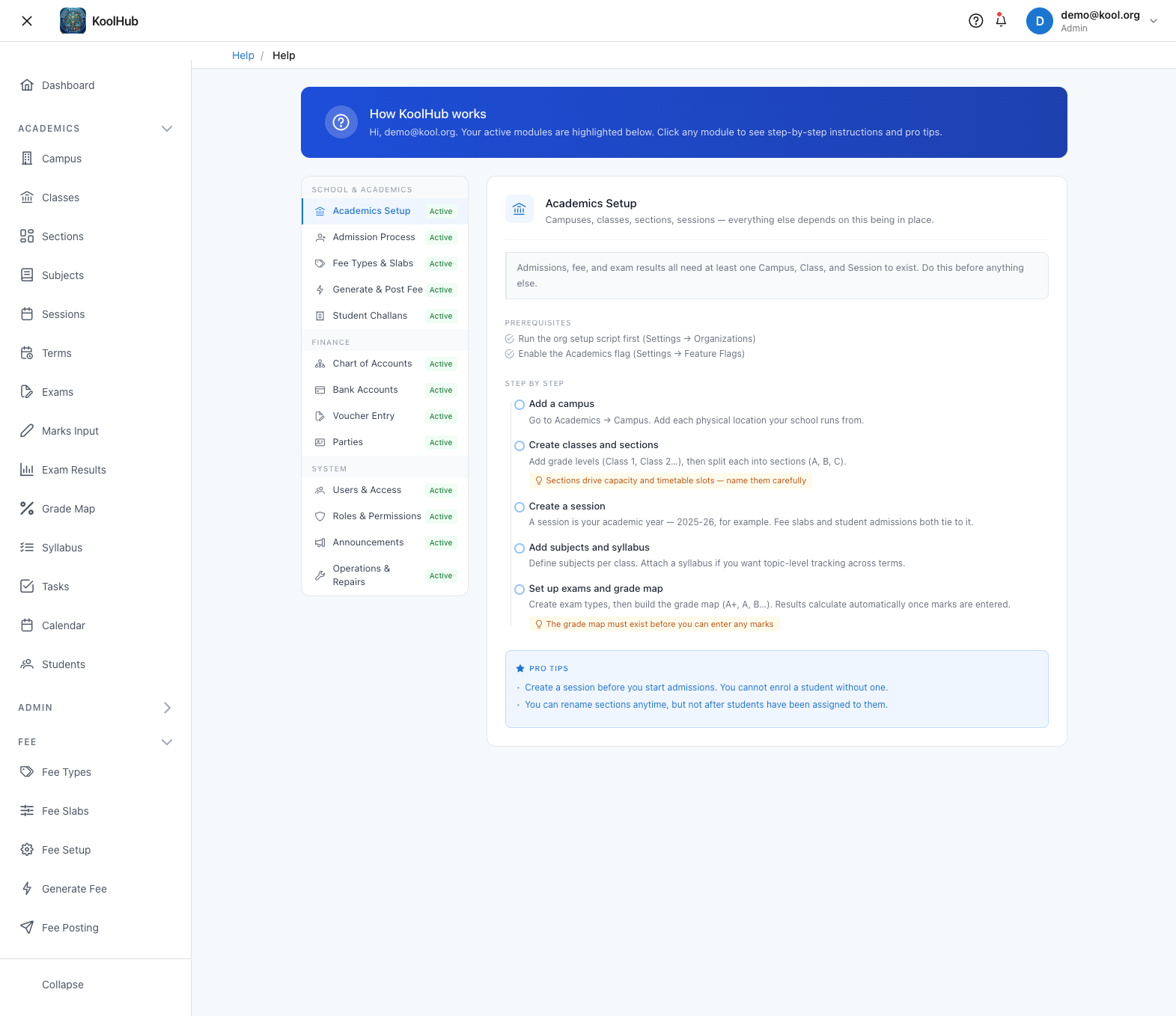 KoolHub — custom guided setup workflows covering admissions, academics, and finance end-to-end.