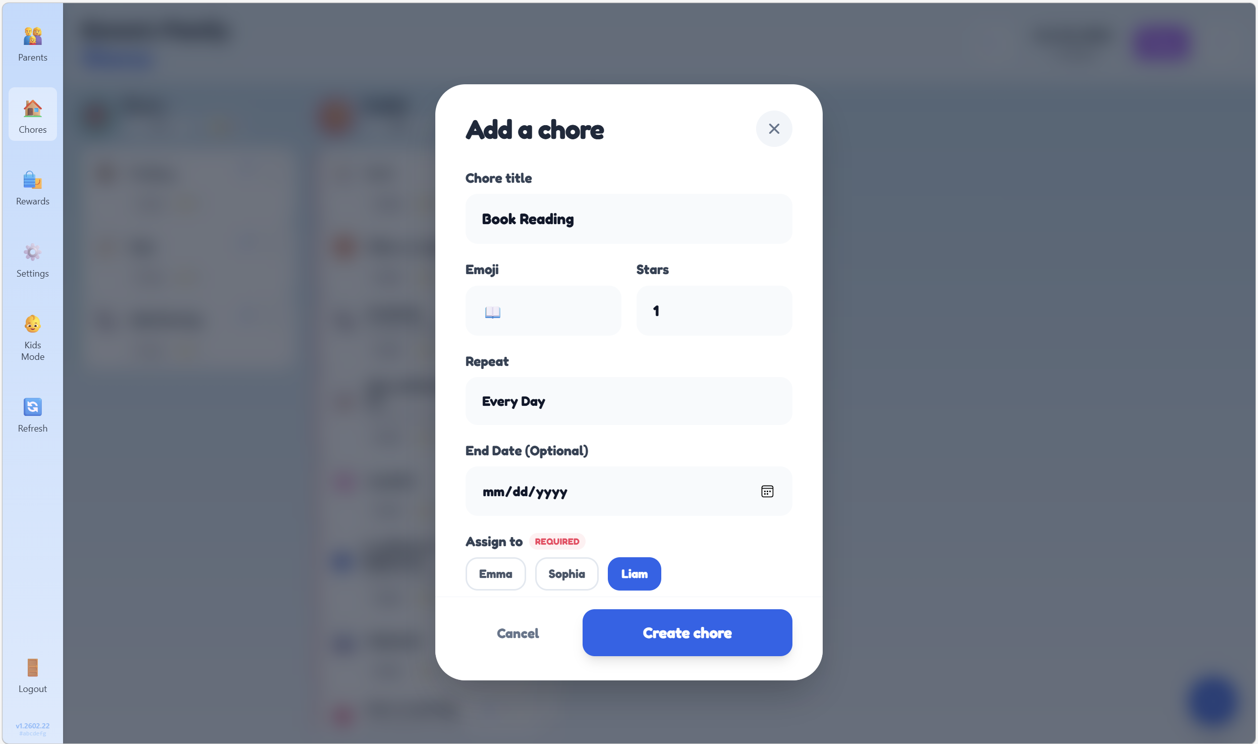 Add a chore — set title, emoji, stars, repeat schedule, and assign to any child.